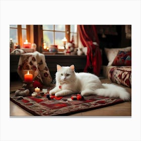 White Cat On A Rug Canvas Print