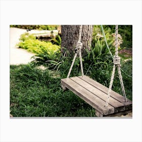 Old Wooden Vintage Swing Hanging From A Large Tree In The Garden With Green Grass Background Canvas Print