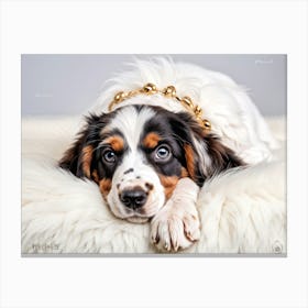 English Spaniel Puppy Lying On Soft White Fur In A Closeup Portrait Adorned With A Gold Collarcol (1) Canvas Print