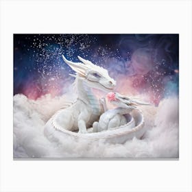 A Mother Dragon With The Protective Posture Of Her Slumbering Young Shrouded In A Traceable Cloud Canvas Print