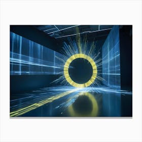 A Dark Room With A Glowing Yellow Ring In The Center, Surrounded By Blue Lines Of Light Canvas Print