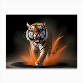 A Tiger Is Walking Through A Flaming Hole On The Ground Canvas Print