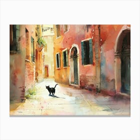 Black Cat In Venice, Italy, Street Art Watercolour Painting 1 Canvas Print