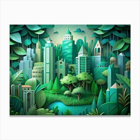 Green Papercraft City In A Forest Canvas Print