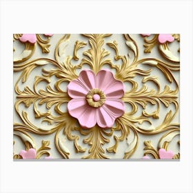 Seamless Sculpture Retro Pattern Gold Round Curve Cross Frame Pink Flower Plant Kaleidoscope Canvas Print