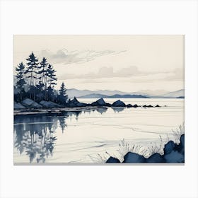 A Watercolor Painting Of A Serene Lake With Mountains In The Distance Canvas Print