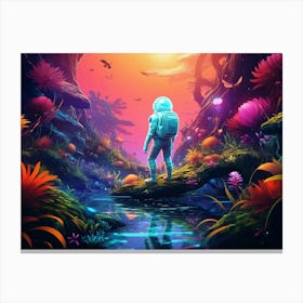 Psychedelic jungle astronaut standing on the edge of a neon-lit swampy forest Canvas Print