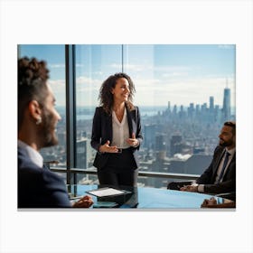 Businesswoman In Mid Presentation Audience Engaged In Active Listening Around Her Vibrant Smiles A (3) Canvas Print