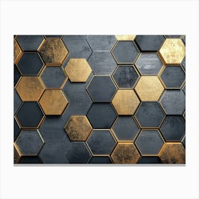 A Hexagonal Pattern On A With A Mix Of Metallic Gold And Dark Grey Textures 1 Canvas Print