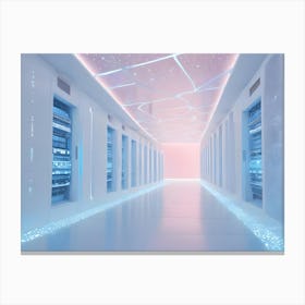 A Server Room With Rows Of Metal Servers Lined Up In A White Room With Blue Lights Canvas Print