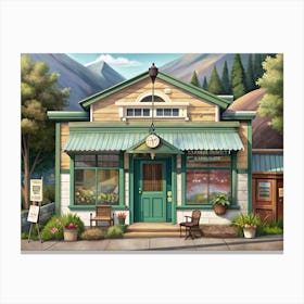 Green And Yellow Store Front With A Mountain View Canvas Print