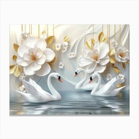 3d Swans in Water with Flowers Canvas Print