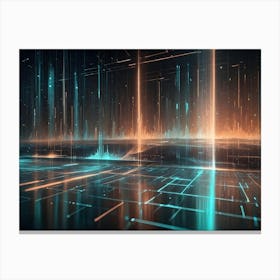 An Abstract Image Of A Futuristic Cityscape With Glowing Orange And Blue Lines, Resembling A Digital Network Or A Cityscape Canvas Print