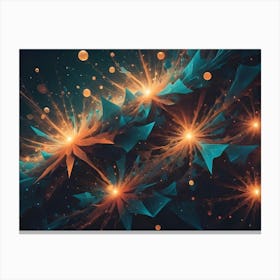 Abstract Background With Glowing, Fractal Generated Flowers In Orange And Teal Colors, Scattered Across A Dark Backdrop Canvas Print