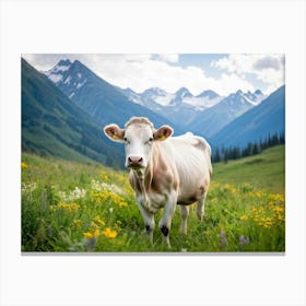 A Closeup On A Pure White Cow Ambling Leisurely In A Verdant Alpine Meadow The Beast Exuding Pure C (1) Canvas Print