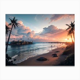 Beach Sunset Sunrise View Painting #1 Canvas Print