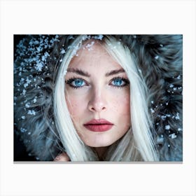 Macro Photography Style Portrait Of A Woman With Chin Length White Hair Blue Eyes Freckles Wrappe 1 Canvas Print