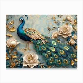 3d Peacock Illustration Background with Golden Jewelry and Flowers 3 Canvas Print