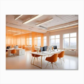 A Modern Office Interior With An Open Layout, Featuring Orange Glass Walls, White Desks, And Orange Chairs, Creating A Bright And Vibrant Workspace Canvas Print