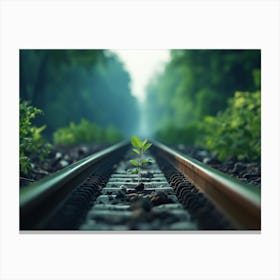 Tree Sprout Growing On Railroad Tracks Canvas Print