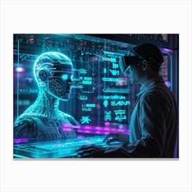 Cyber Interface Showing Neural Connectivity And Artificial Intelligence Fusion Sleek Holographic Pa (1) Canvas Print