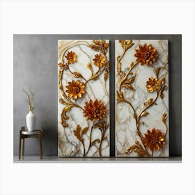 Two Gold Flowers On A Marble Wall Canvas Print