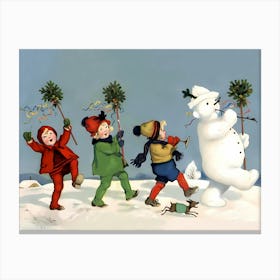 Funny Parade With Kids And Leading Snowman Canvas Print