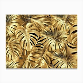 Golden Seamless Pattern With Shiny Monstera, Palm Leaves Painting Canvas Print