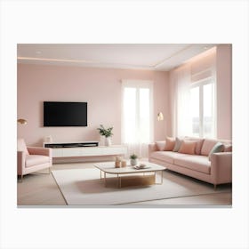 A Living Room Interior With A Pink Wall, A Sofa, Two Armchairs, And A Coffee Table Canvas Print