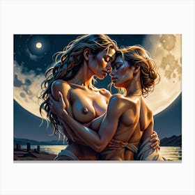 Two Women In Love Under The Spell Of A Full Moon Canvas Print