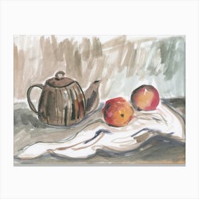 Still Life With A Tea Pot In Beige And Gray - kitchen cafe food watercolor hand painted Canvas Print