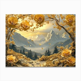 3d Golden Roses On Trees In Majestic Mountain Landscapes Canvas Print