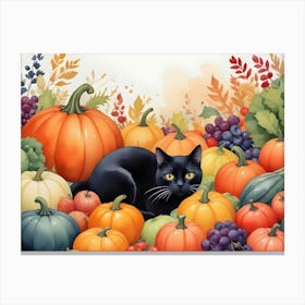 Black Cat Hidden In A Colorful Autumn Harvest Canvas Print