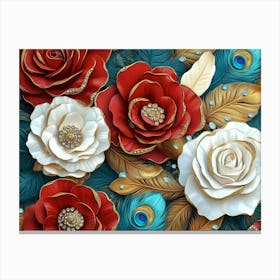 3d Seamless Pattern Diamond Painting White, Crimson, Turquoise and Golden Roses Flowers Canvas Print