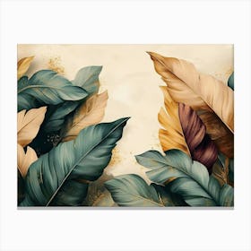 Vintage Tropical Green Brown Leaves, Beige Golden Texture 2 Canvas Print