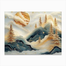 3d Landscape Moon, Golden Christmas Trees, Colorful Mountains Canvas Print