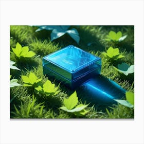 A Blue, Glass Jar Of Cream Or Lotion Sitting In A Bed Of Green Grass With Green Leaves Scattered Around It Canvas Print