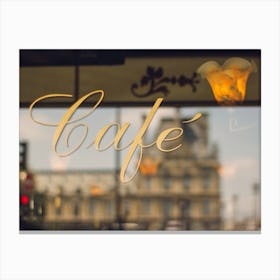 Paris Cafe Sign And Louvre Reflection Canvas Print