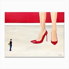Say It With Flowers Surreal Small Man Apologizing To Giant Woman In Red Heels Canvas Print