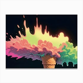 An Ice Cream Cone With Scoops Of Vibrant Pink, Green, And Yellow Ice Cream Exploding Upwards Against A Black Background Canvas Print