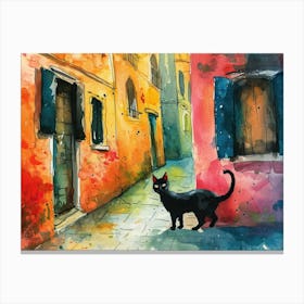 Black Cat In Venice, Italy, Street Art Watercolour Painting 2 Canvas Print