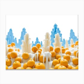 A Surreal Scene With A White City Skyline Emerging From A Field Of Orange Orbs Surrounded By A White, Milk Like Substance Canvas Print