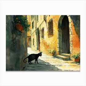 Black Cat In Reggio Emilia, Italy, Street Art Watercolour Painting 1 Canvas Print