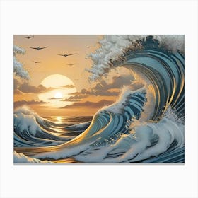 Waves Ocean At Sunset Canvas Print