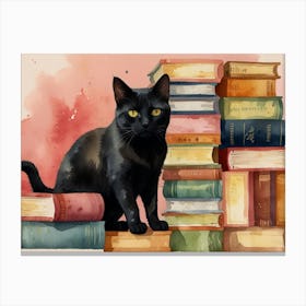 Black Cat On Books Canvas Print