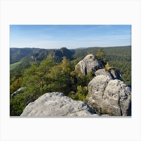 Sandstone rocks and autumn forest in Saxon Switzerland, Gamrig Canvas Print