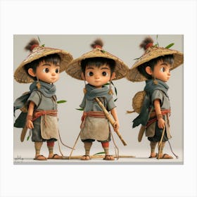 Three View Drawing‚Three Views, Namely The Front View,The Side View And The Back View,Full Body,Niji,Cartoon,Smile,Flail,3d,A Young Chinese Boy From A Rural Village Stands Proudly, Chibi,Adorned In Traditional Attire, Featuring Stampe su tela