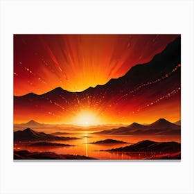 A Dramatic Landscape Of Mountains And A Lake At Sunset, With Glowing Orange Light, Creating A Sense Of Beauty And Grandeur Canvas Print