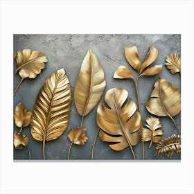 Gold Floral Plants and Palm Leaves. 3D Abstract Tropical Leaves, Banana Leaves Toile