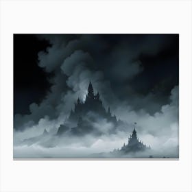 Dark Castle Silhouette Above Misty Mountains Canvas Print